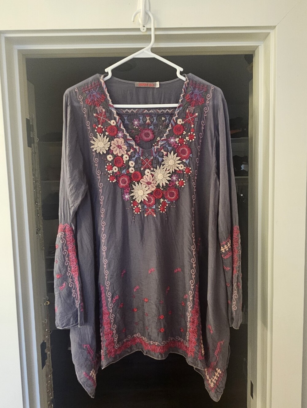 Johnny Was Gray Sheer Floral Embroidered Tunic-Medium
